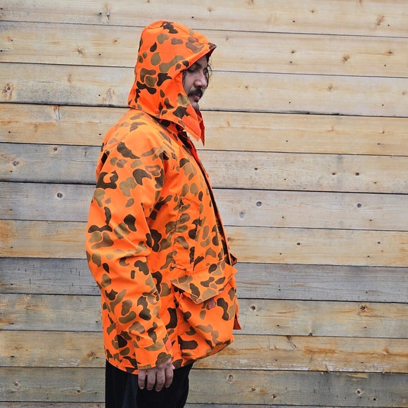 VTG Woolrich Mens XL Orange Camo Hooded Hunting Jacket Gore Tex Nylon USA 3749 - Picture 2 of 16